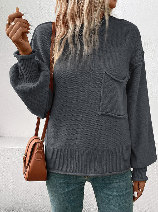 Split-Joint Solid Color Pockets Loose Long Sleeves Round-Neck Sweater Tops Pullovers