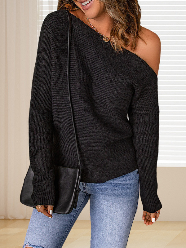 Solid Color Asymmetric Loose Long Sleeves One-Shoulder Sweater Tops Pullovers