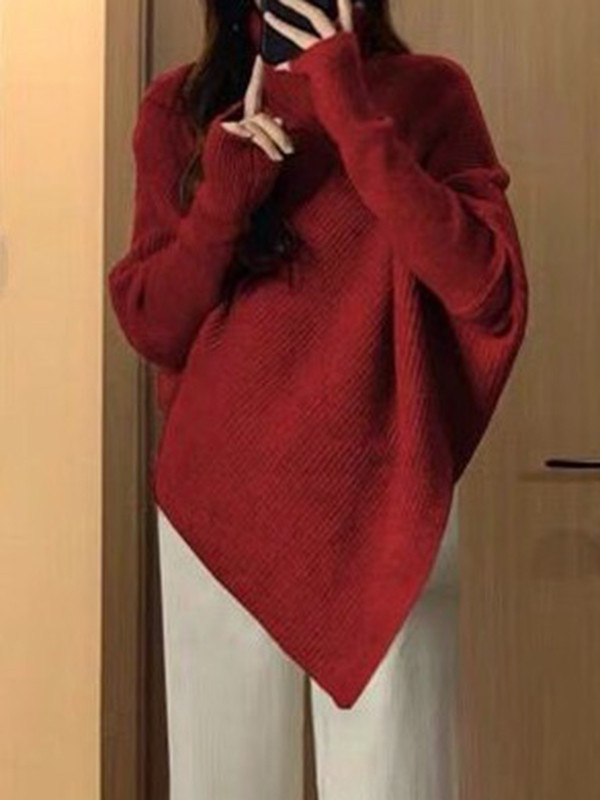 Velvet Solid Color Asymmetric Loose Long Sleeves High Neck Sweater Tops Pullovers Knitwear