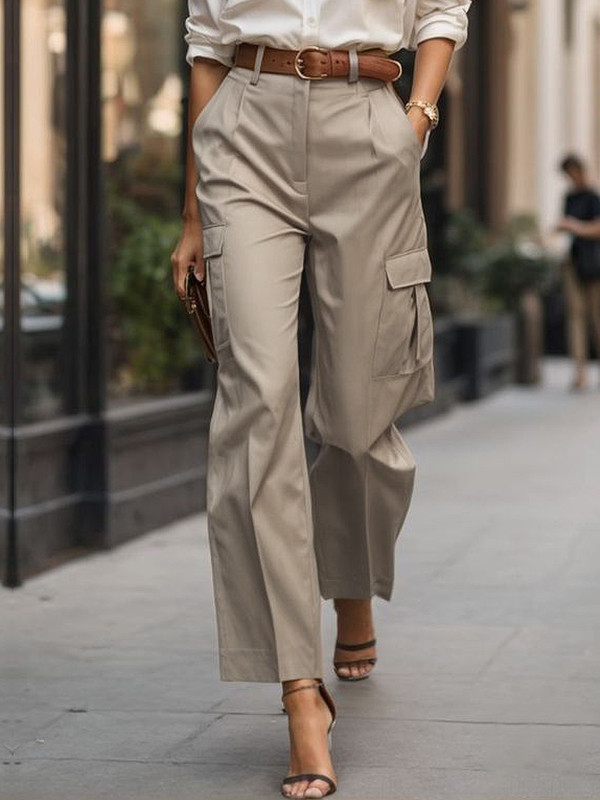 Solid Color Pockets Pleated High Waisted Trousers Pants