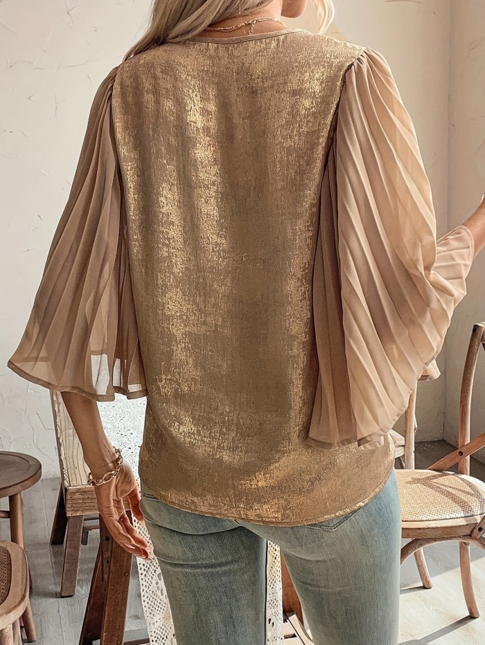 Women'S Elegant Golden V-Neck Pleated Long Sleeve Blouse