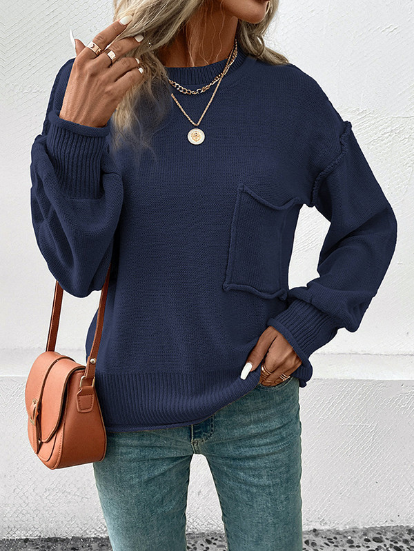 Split-Joint Solid Color Pockets Loose Long Sleeves Round-Neck Sweater Tops Pullovers