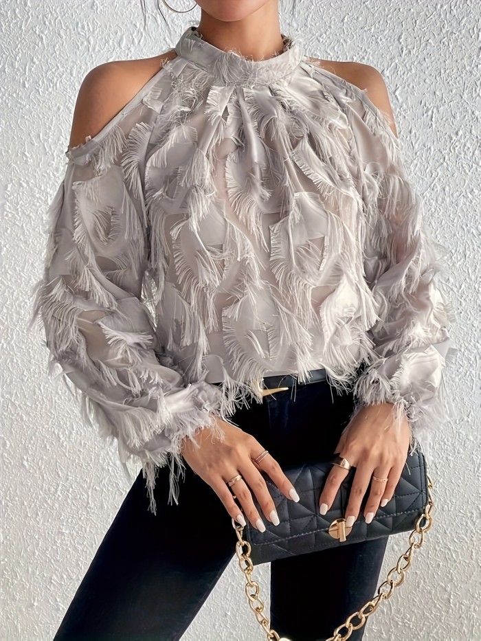 Women's Elegant Plush -Like Ruffled Long Sleeve Round Neck Blouse