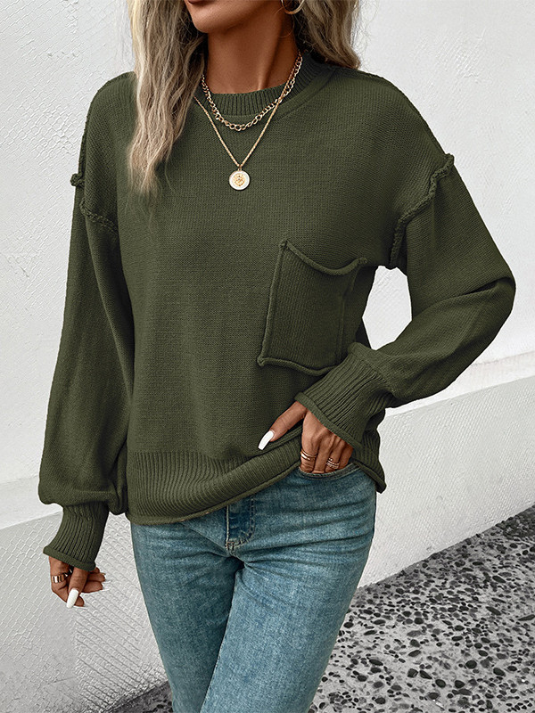 Split-Joint Solid Color Pockets Loose Long Sleeves Round-Neck Sweater Tops Pullovers