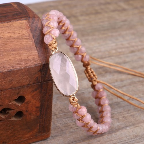 Single Fashion Ladies Hand-Woven Bracelet Made from Natural Sparkling Rose Quartz for Everyday Wear