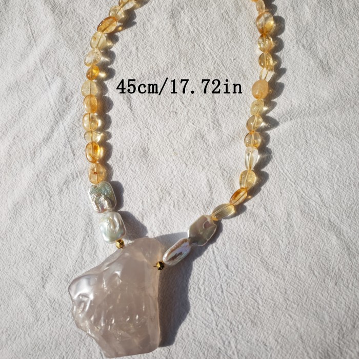 Natural Irregular Rose Quartz, Yellow Quartz & Freshwater Pearls Bohemian Necklace