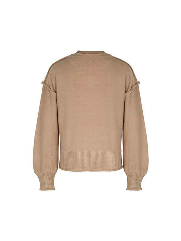 Split-Joint Solid Color Pockets Loose Long Sleeves Round-Neck Sweater Tops Pullovers