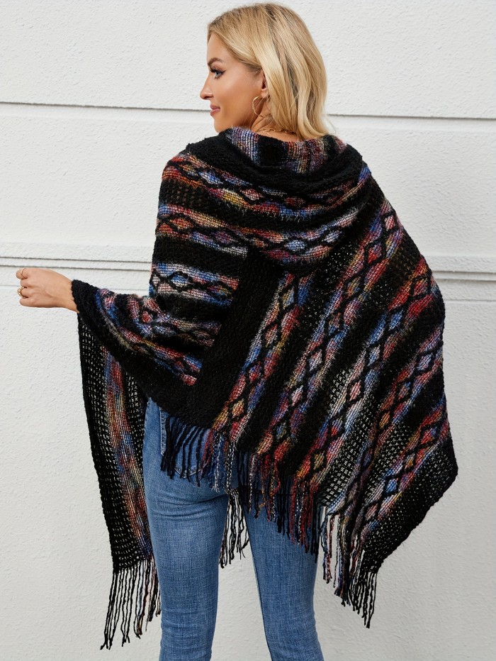 Fringe Trim Marled Poncho Elegant Hanky Hem V Neck Sweater For Fall & Winter