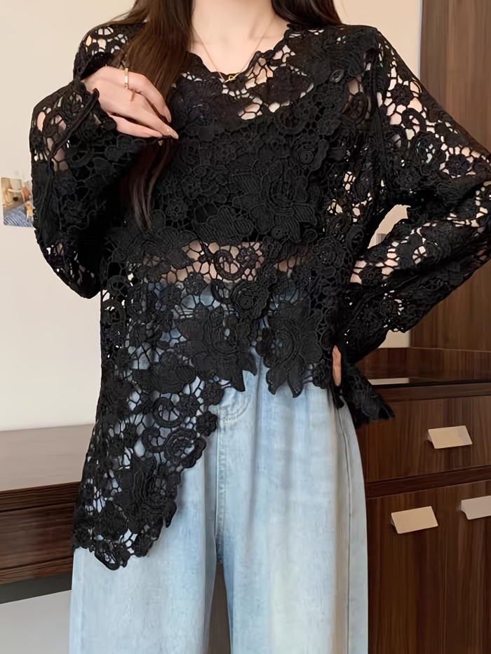Elegant Black Lace Sleeveless Pullover Top with Intricate Cut-Out Design