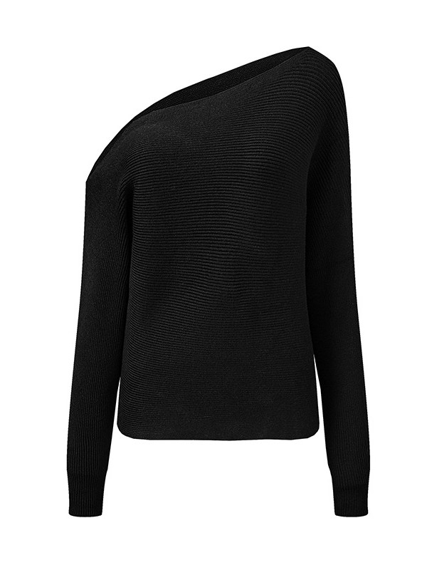Solid Color Asymmetric Loose Long Sleeves One-Shoulder Sweater Tops Pullovers