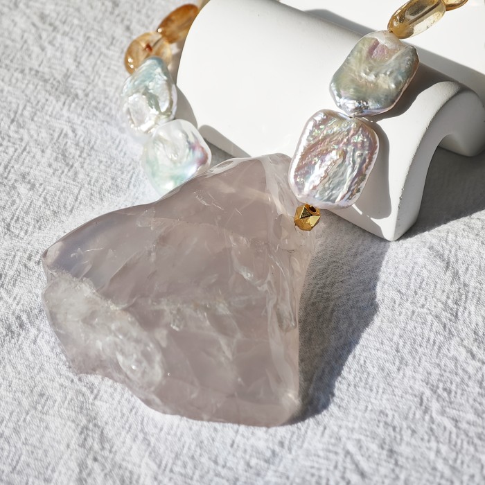 Natural Irregular Rose Quartz, Yellow Quartz & Freshwater Pearls Bohemian Necklace