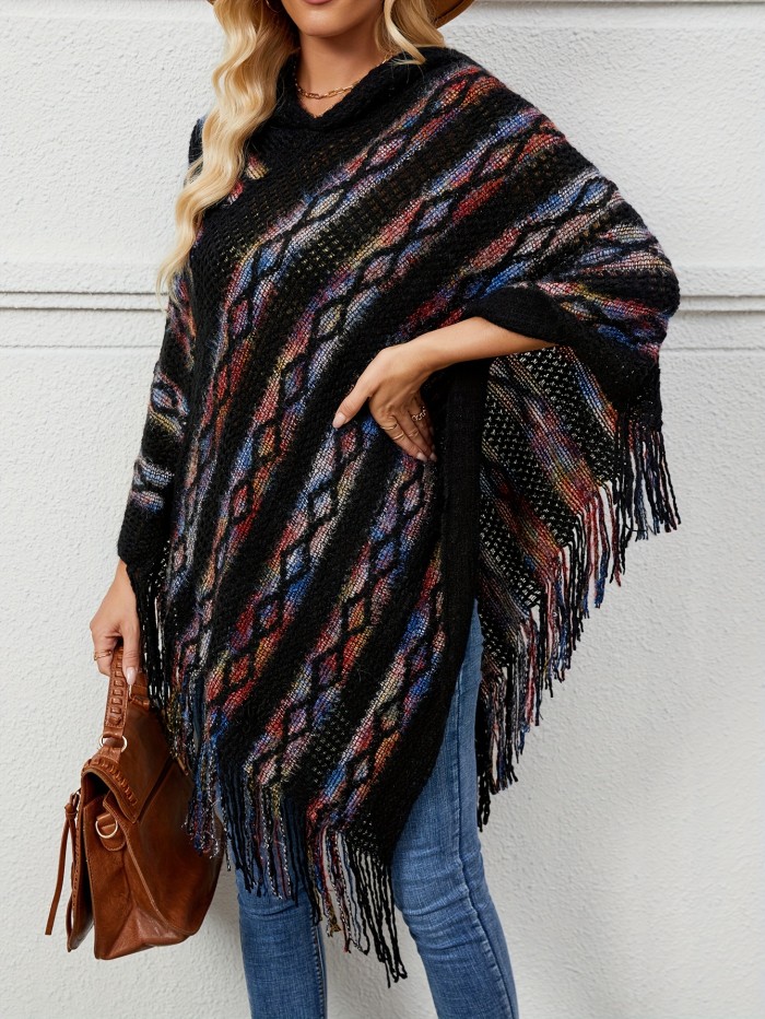 Fringe Trim Marled Poncho Elegant Hanky Hem V Neck Sweater For Fall & Winter