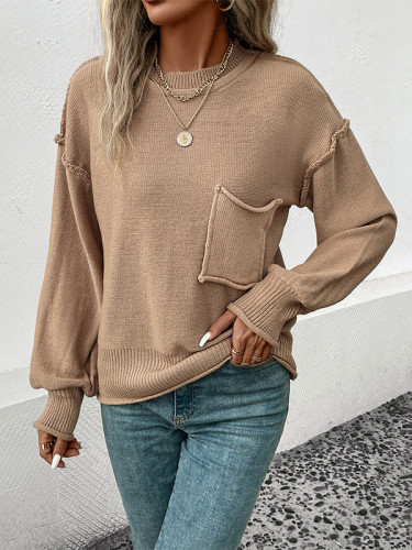Split-Joint Solid Color Pockets Loose Long Sleeves Round-Neck Sweater Tops Pullovers