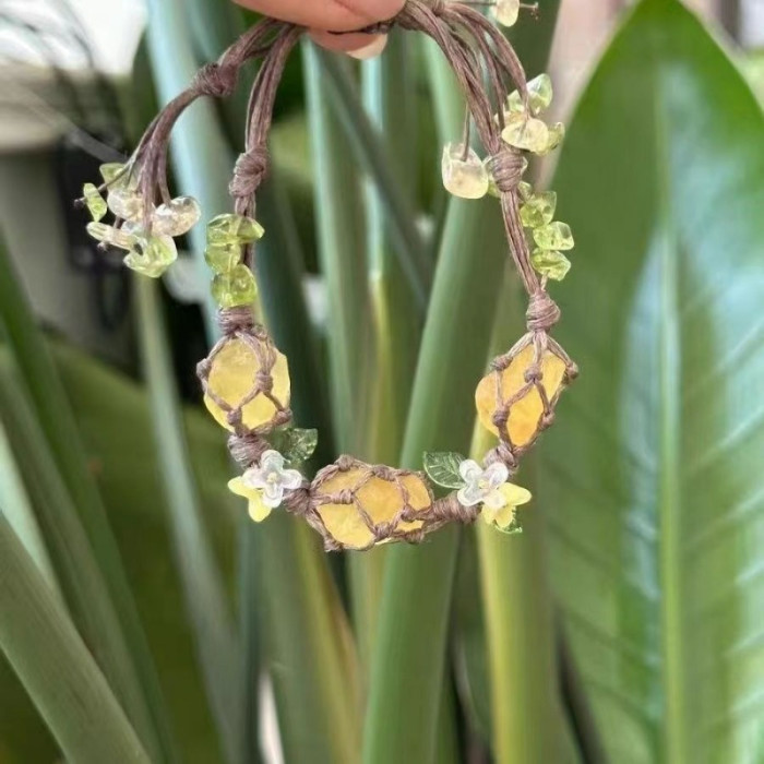 Bohemian Braided Bracelet with Osmanthus Flowers & Green\u002FTranslucent Yellow Stones