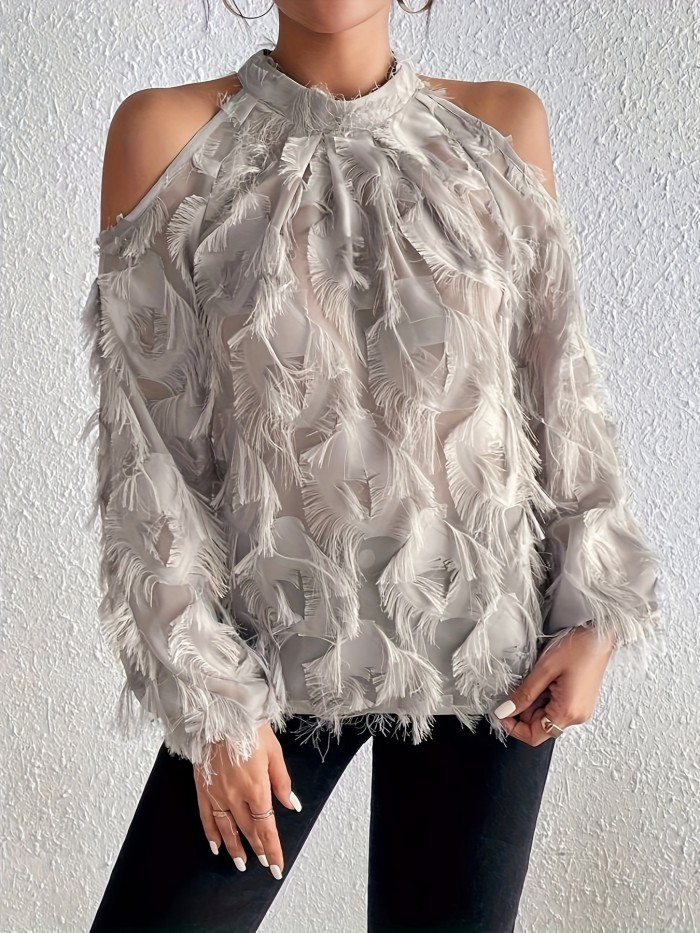 Women's Elegant Plush -Like Ruffled Long Sleeve Round Neck Blouse