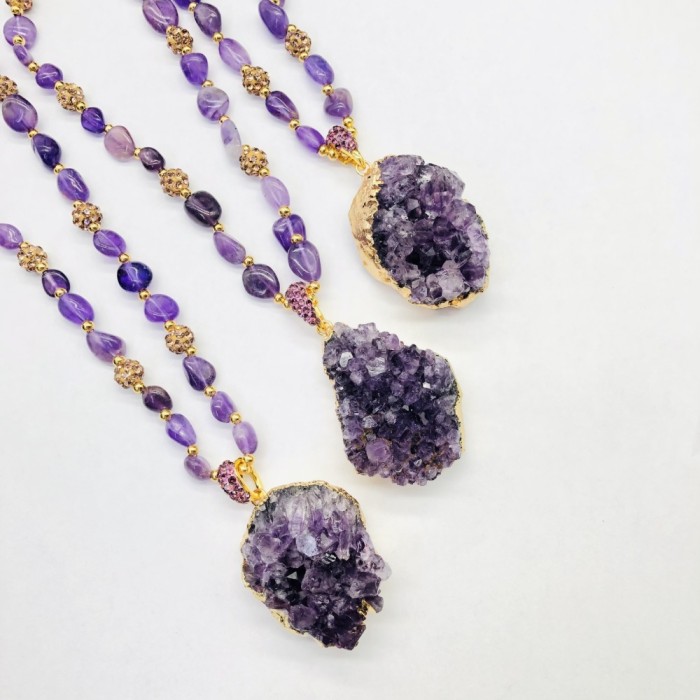 Men's Natural Amethyst Necklace - Long Statement Necklace with Deep Purple