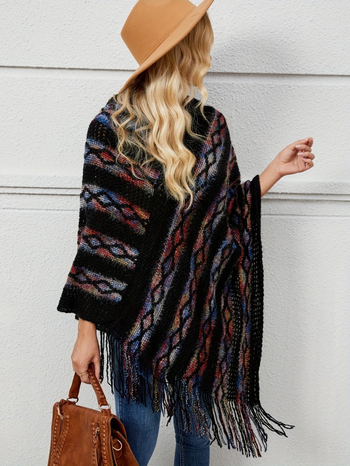 Fringe Trim Marled Poncho Elegant Hanky Hem V Neck Sweater For Fall & Winter