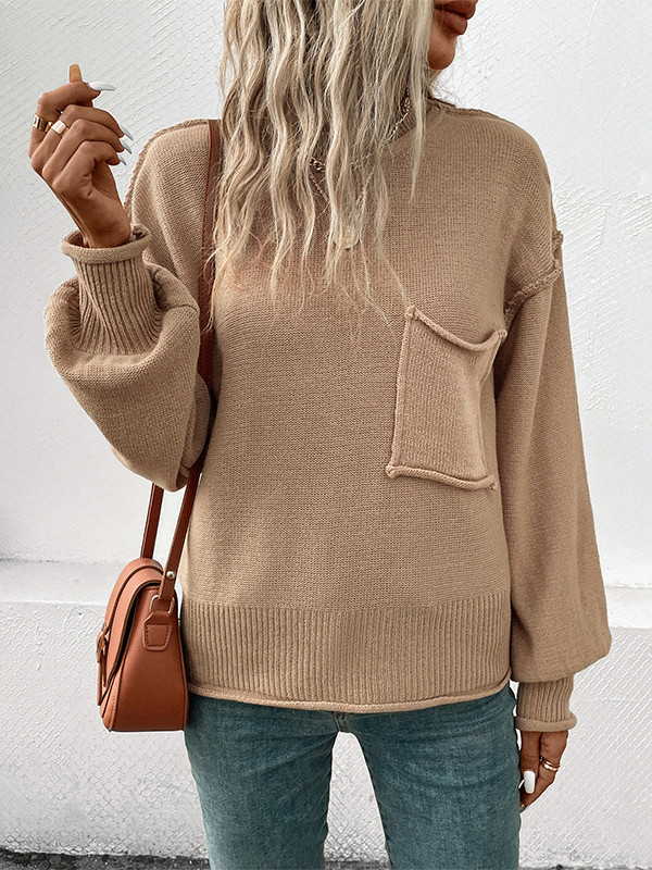 Split-Joint Solid Color Pockets Loose Long Sleeves Round-Neck Sweater Tops Pullovers
