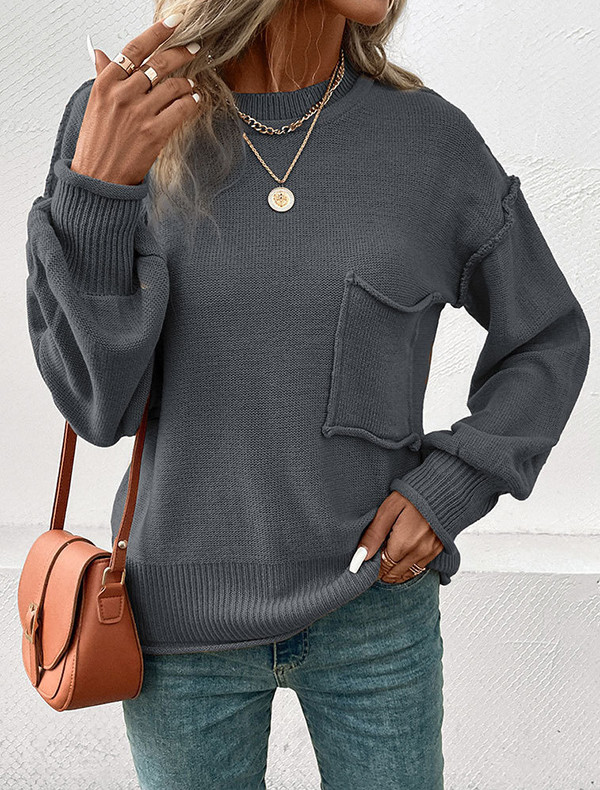Split-Joint Solid Color Pockets Loose Long Sleeves Round-Neck Sweater Tops Pullovers