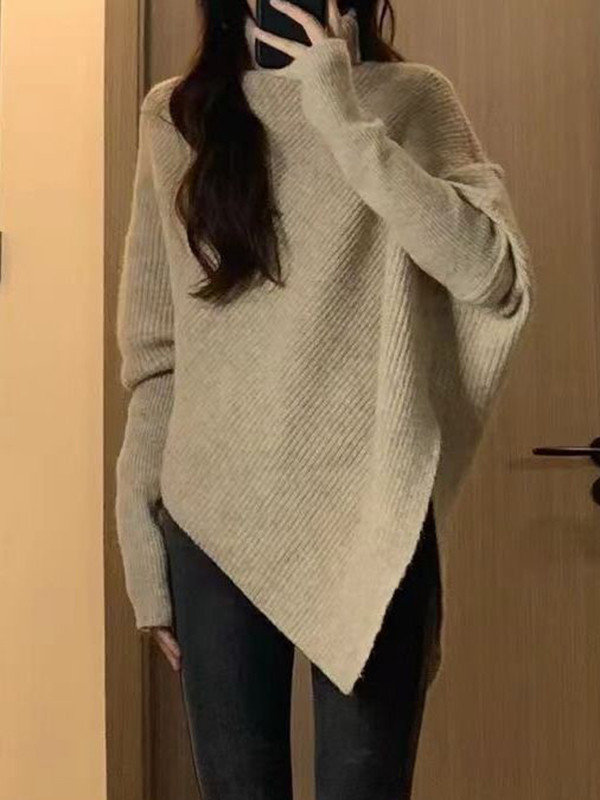 Velvet Solid Color Asymmetric Loose Long Sleeves High Neck Sweater Tops Pullovers Knitwear