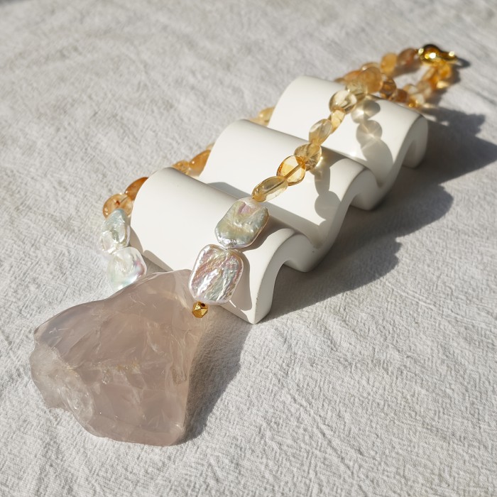 Natural Irregular Rose Quartz, Yellow Quartz & Freshwater Pearls Bohemian Necklace
