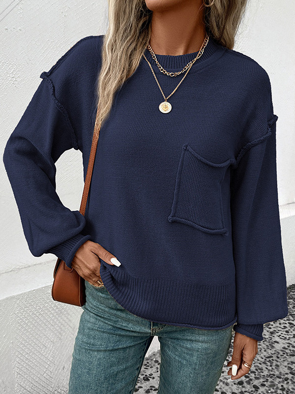 Split-Joint Solid Color Pockets Loose Long Sleeves Round-Neck Sweater Tops Pullovers