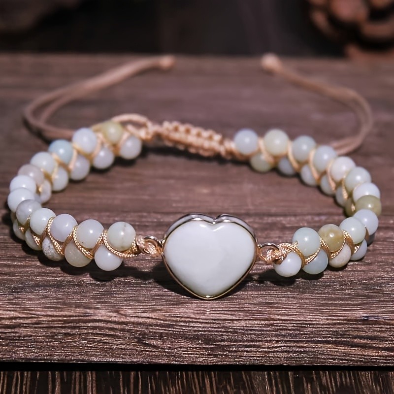 Handwoven Bohemian Double-Layer Adjustable Beaded Bracelet with Natural Amazonite Stones & Golden Heart Charm