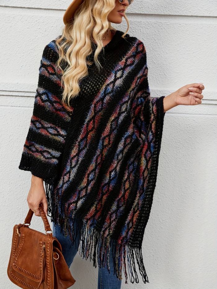 Fringe Trim Marled Poncho Elegant Hanky Hem V Neck Sweater For Fall & Winter