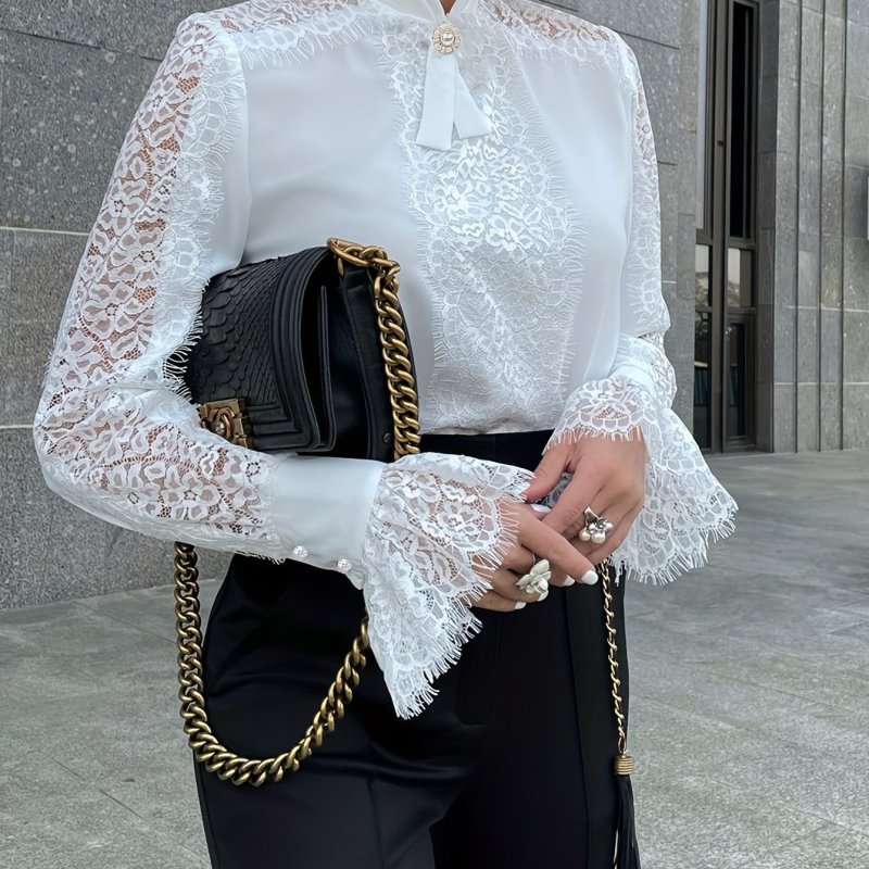 Pleated & Lace High Collar Long Sleeve Blouse main image 0