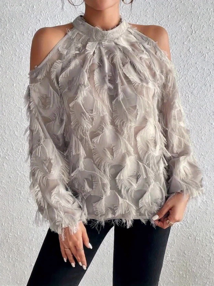 Women's Elegant Plush -Like Ruffled Long Sleeve Round Neck Blouse