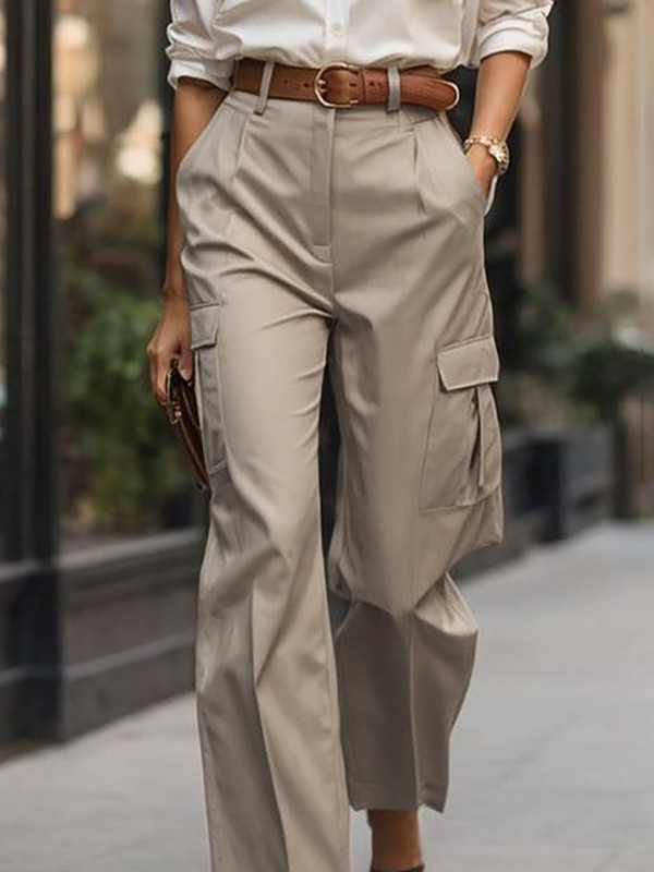 Solid Color Pockets Pleated High Waisted Trousers Pants