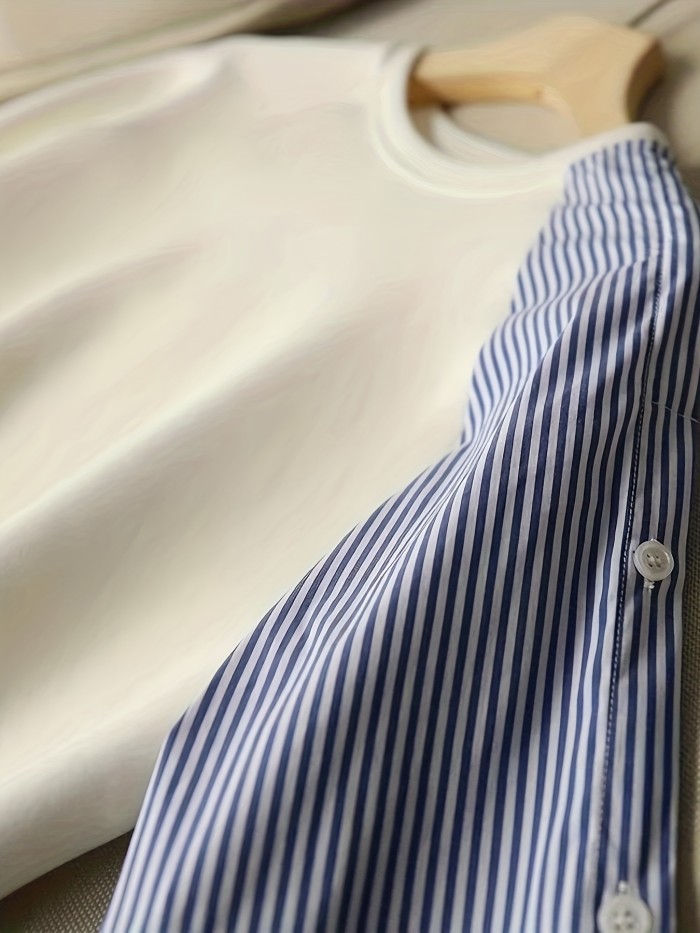 Women'S Casual Round Neck Long Sleeve Striped Button-Up Shirt