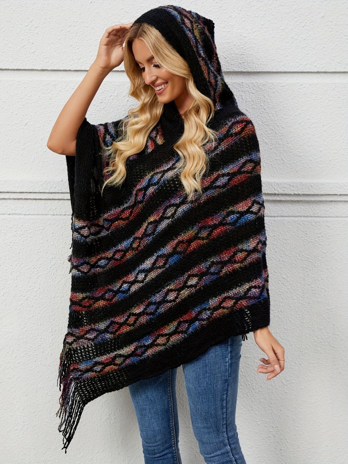 Fringe Trim Marled Poncho Elegant Hanky Hem V Neck Sweater For Fall & Winter