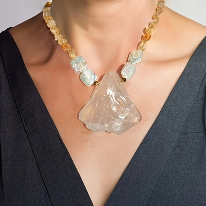 Natural Irregular Rose Quartz, Yellow Quartz & Freshwater Pearls Bohemian Necklace