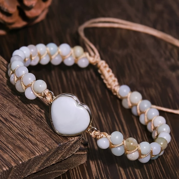 Handwoven Bohemian Double-Layer Adjustable Beaded Bracelet with Natural Amazonite Stones & Golden Heart Charm