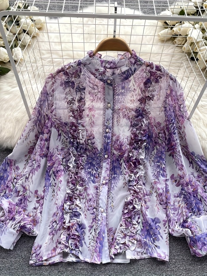 Women'S Elegant Purple & White Floral Design Floral Print Long Sleeve Blouse