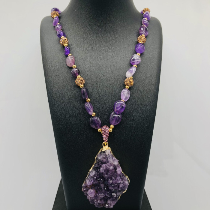 Men's Natural Amethyst Necklace - Long Statement Necklace with Deep Purple