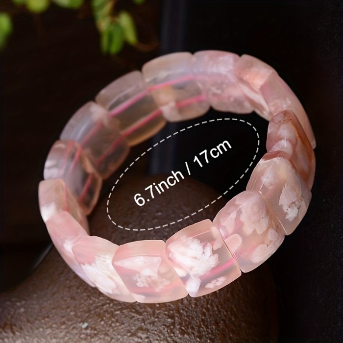 Bohemian Vacation Stretch Bracelet High Grade Natural Cherry Blossom Agate Floral Pattern Pink Flower Gem Elastic Genuine Agate Jewelry Gift Box for Daily Wear and Gifts