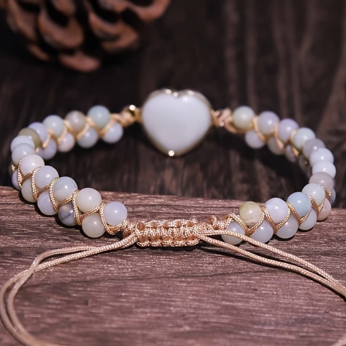 Handwoven Bohemian Double-Layer Adjustable Beaded Bracelet with Natural Amazonite Stones & Golden Heart Charm