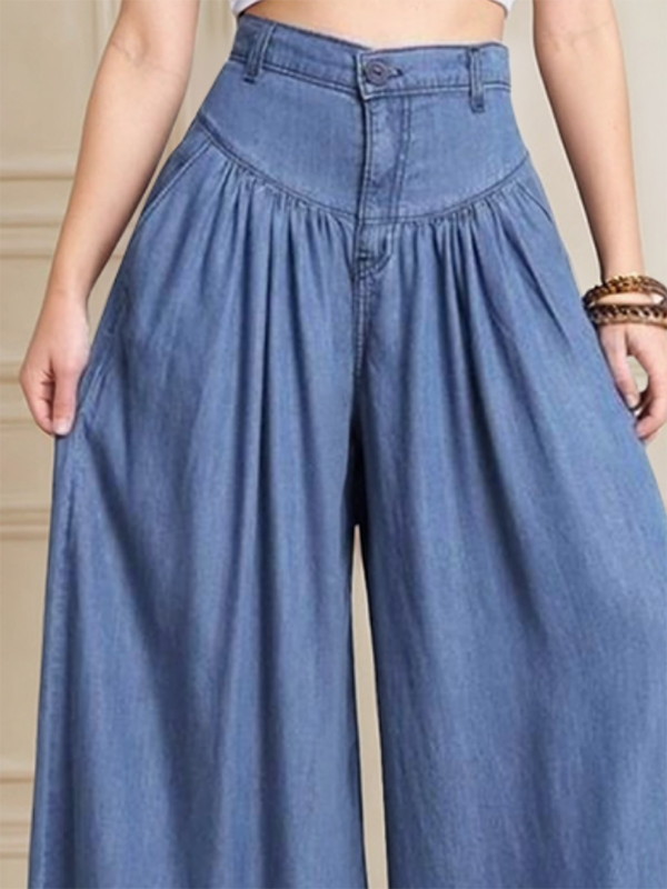 Zipper Solid Color Buttoned Wide Leg Loose Trousers Jean Pants Bottoms