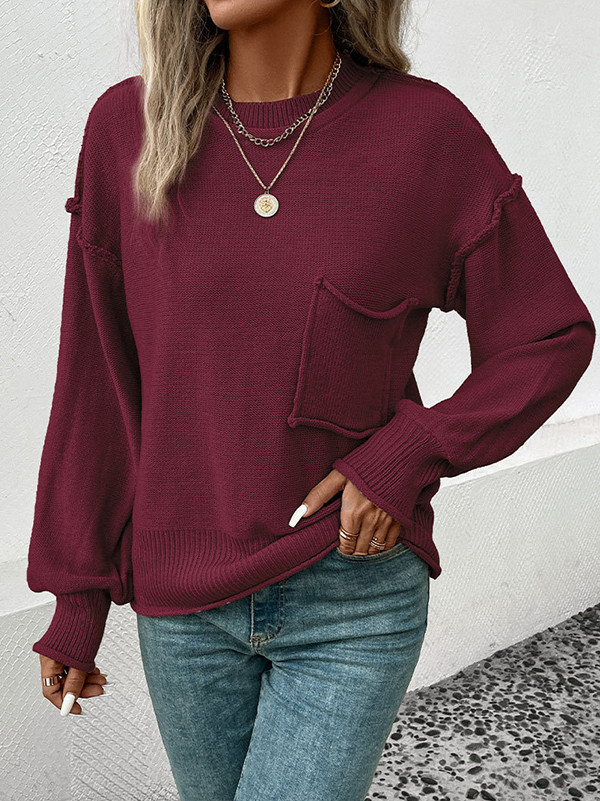 Split-Joint Solid Color Pockets Loose Long Sleeves Round-Neck Sweater Tops Pullovers