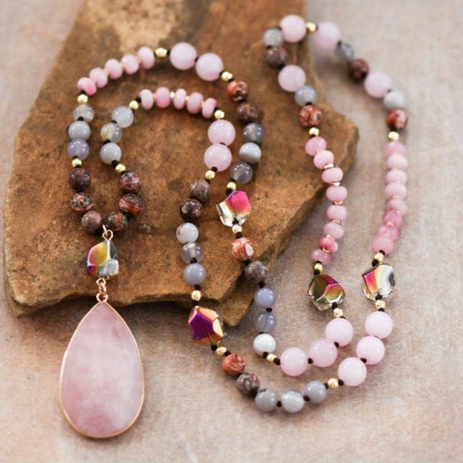 Bohemian Semi-Precious Stone Pendant Necklace with Pink & Purple Stones