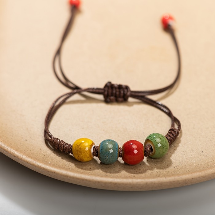 Bohemian Ceramic Heart Bracelet, Handcrafted Woven Adjustable Band, Ethnic Style, Colorful Patterned Beads, Unique Gift For Men And Women