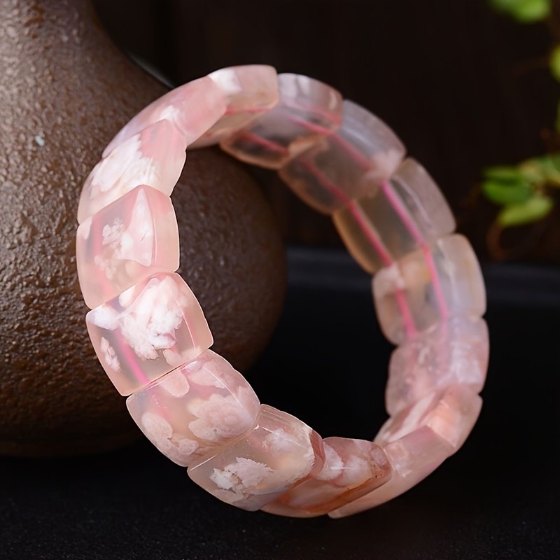 Bohemian Vacation Stretch Bracelet High Grade Natural Cherry Blossom Agate Floral Pattern Pink Flower Gem Elastic Genuine Agate Jewelry Gift Box for Daily Wear and Gifts