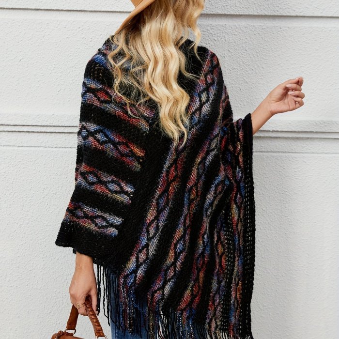 Fringe Trim Marled Poncho Elegant Hanky Hem V Neck Sweater For Fall & Winter