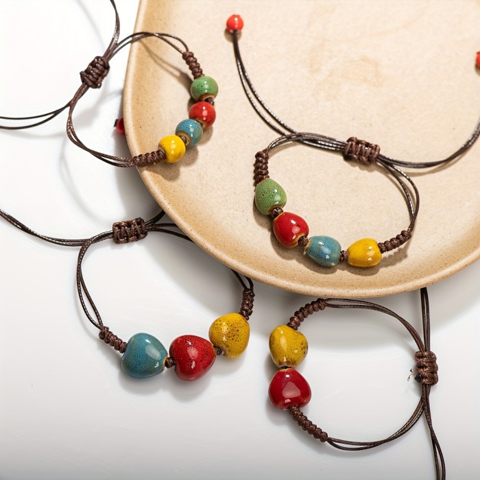 Bohemian Ceramic Heart Bracelet, Handcrafted Woven Adjustable Band, Ethnic Style, Colorful Patterned Beads, Unique Gift For Men And Women