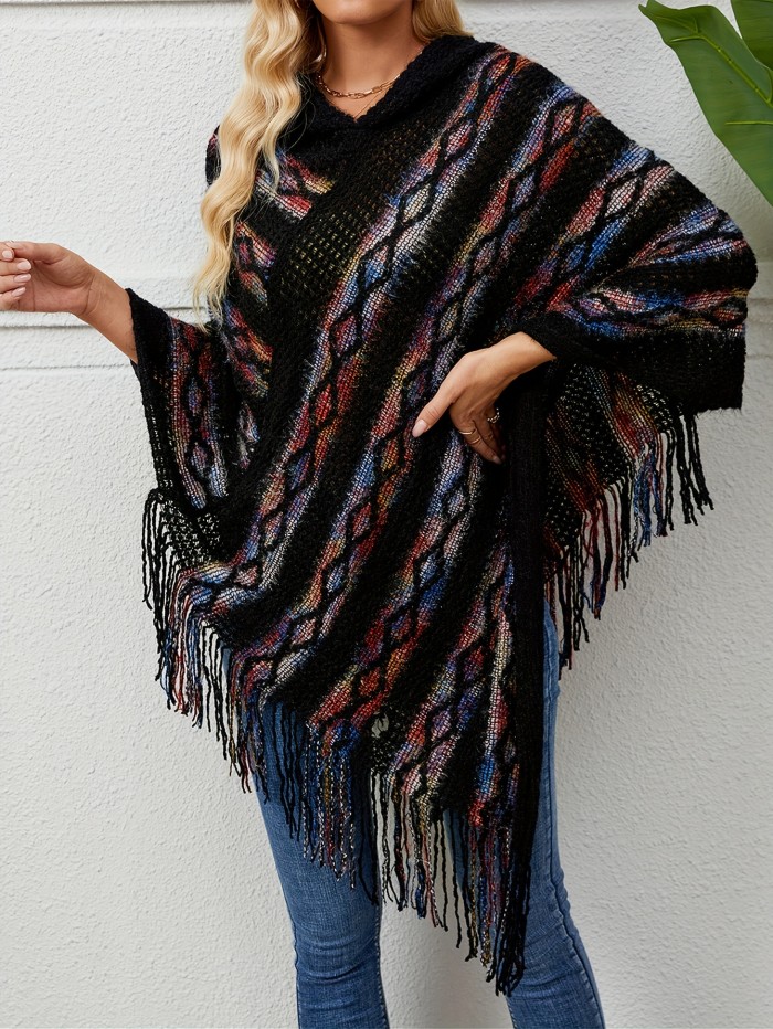 Fringe Trim Marled Poncho Elegant Hanky Hem V Neck Sweater For Fall & Winter