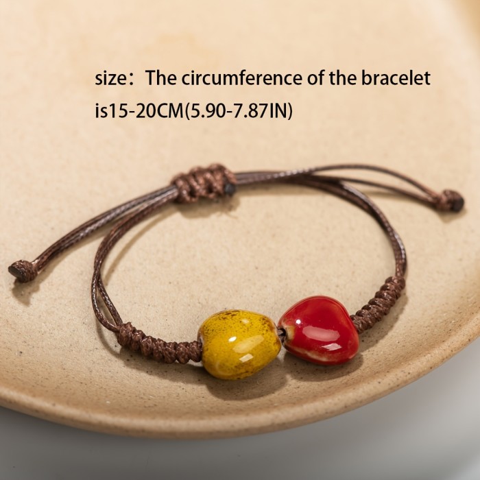 Bohemian Ceramic Heart Bracelet, Handcrafted Woven Adjustable Band, Ethnic Style, Colorful Patterned Beads, Unique Gift For Men And Women