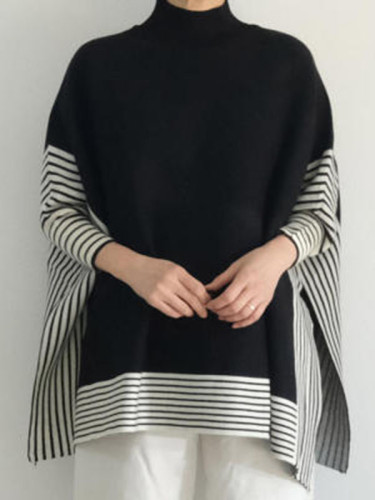 Striped Split-Side Split-Joint Loose Batwing Sleeves High Neck Sweater