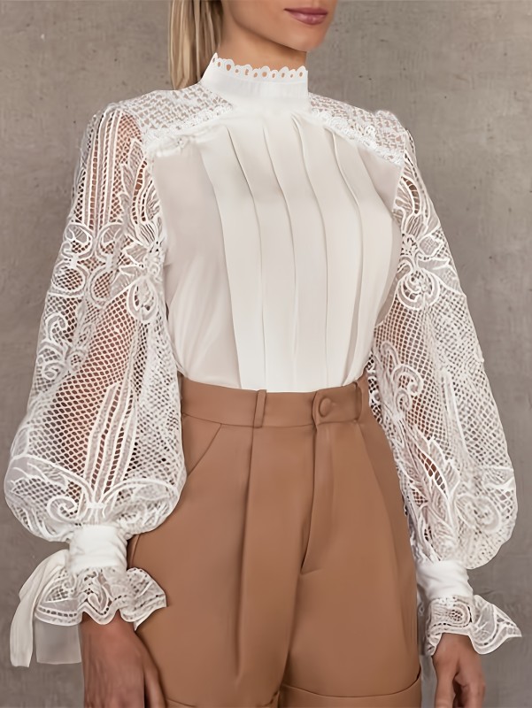 Chic Puff Sleeves  High Neck Elegant Lace-Trimmed Women's Blouse